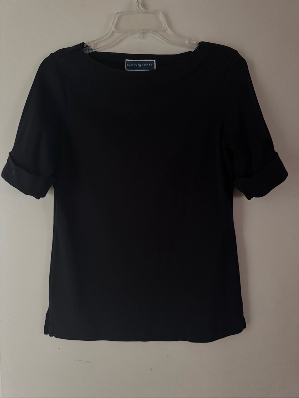 Karen Scott Black Short Sleeve Boat Neck Top with Rolled Cuffs